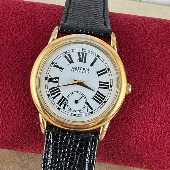 Vintage AMERICA PERRY ELLIS Gold Plated Watch Roman Numerals Sub Dial - Picture 1 of 9